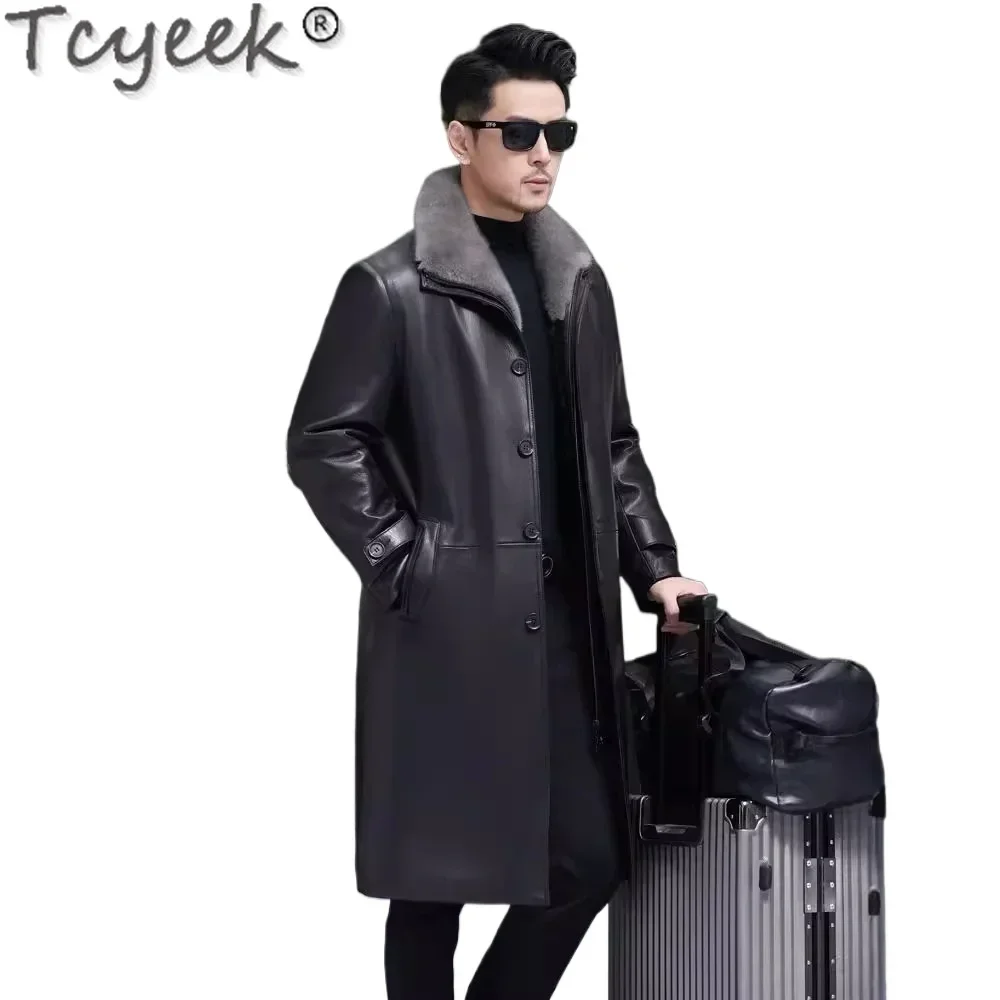 Tcyeek Mid-length Genuine Leather Jacket Men 2024 Winter Jacket Goatskin Mens Coats Natural Mink Fur Coat Men Куртка Мужская