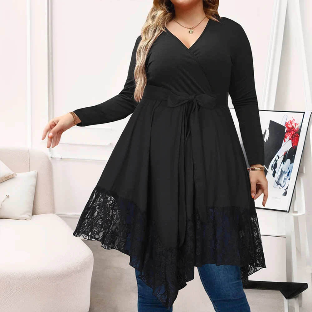 Kobiety Jesień Zima Duży Rozmiar Długi Rękaw Dekolt V Topy Koszula Sukienki Lady Plus Size Moda Luźna Solidna Casualowa Elegancka Odzież