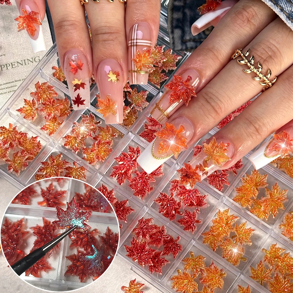 24Grids/Box 3D Autumn Maple Leaf Nail Charms Gradient Glitter Orange Red Gold Resin Fall Leaves Nail Supplies DIY Manicure Decor