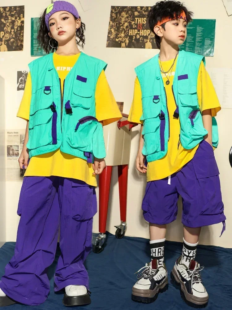 

Oversize T Shirt Vest Top Purple Casual Pocket Cargo Pants Shorts Girl Boy Jazz Dance Costume Clothes Kid Hip Hop Clothing