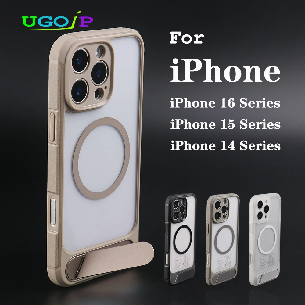 

UGOjP Magnetic Case For iPhone 16 Pro Max 14 Pro Clear Phone Case For iPhone 15 Pro Max Alloy Stand Transparent Protective Cover