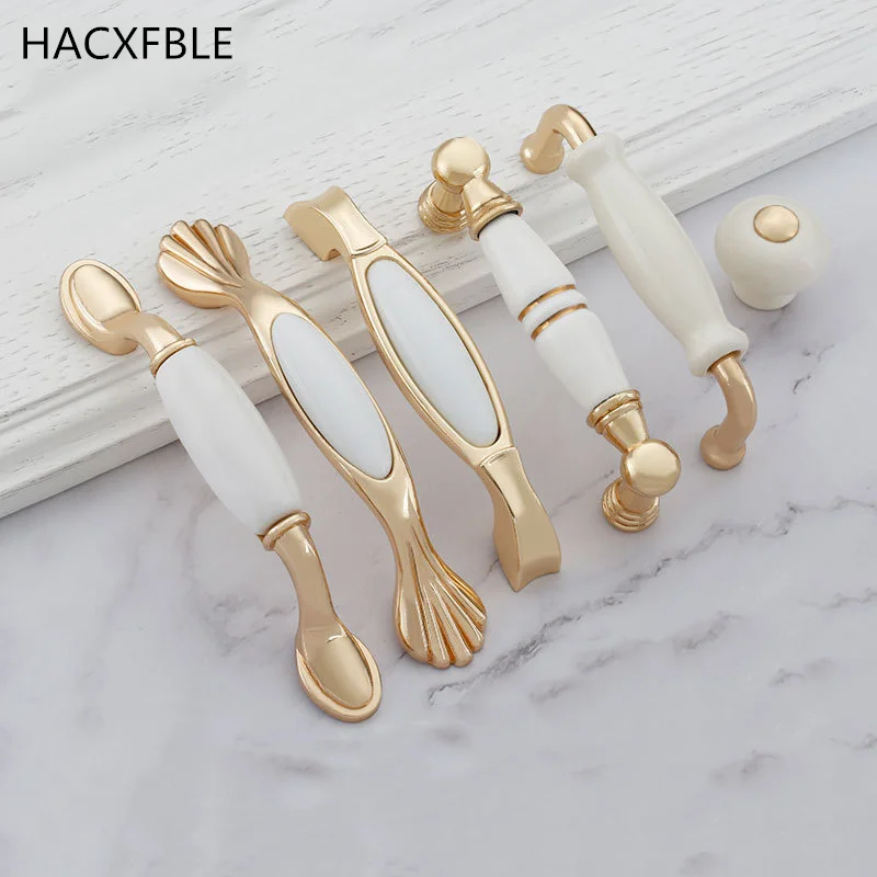 

European Ceramic Cabinet Handles Golden Wardrobe Kitchen Cabinet Door Handles Drawer Knobs Zinc Alloy Furniture Hardware Pulls