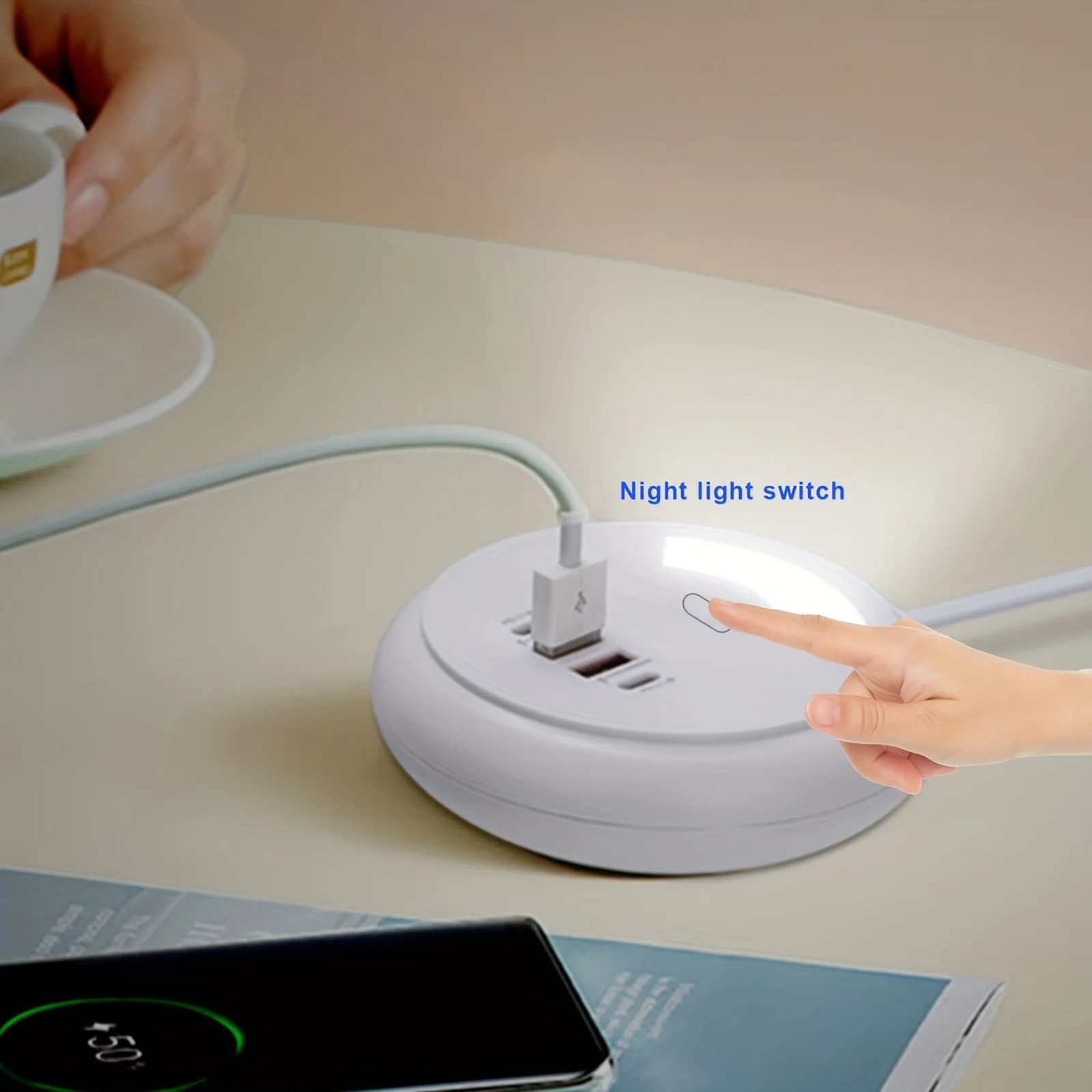 US Plug Multi-USB Port Mobile Phone Charger with Light - 2 USB-A & 2 USB-C Desktop Charging Station