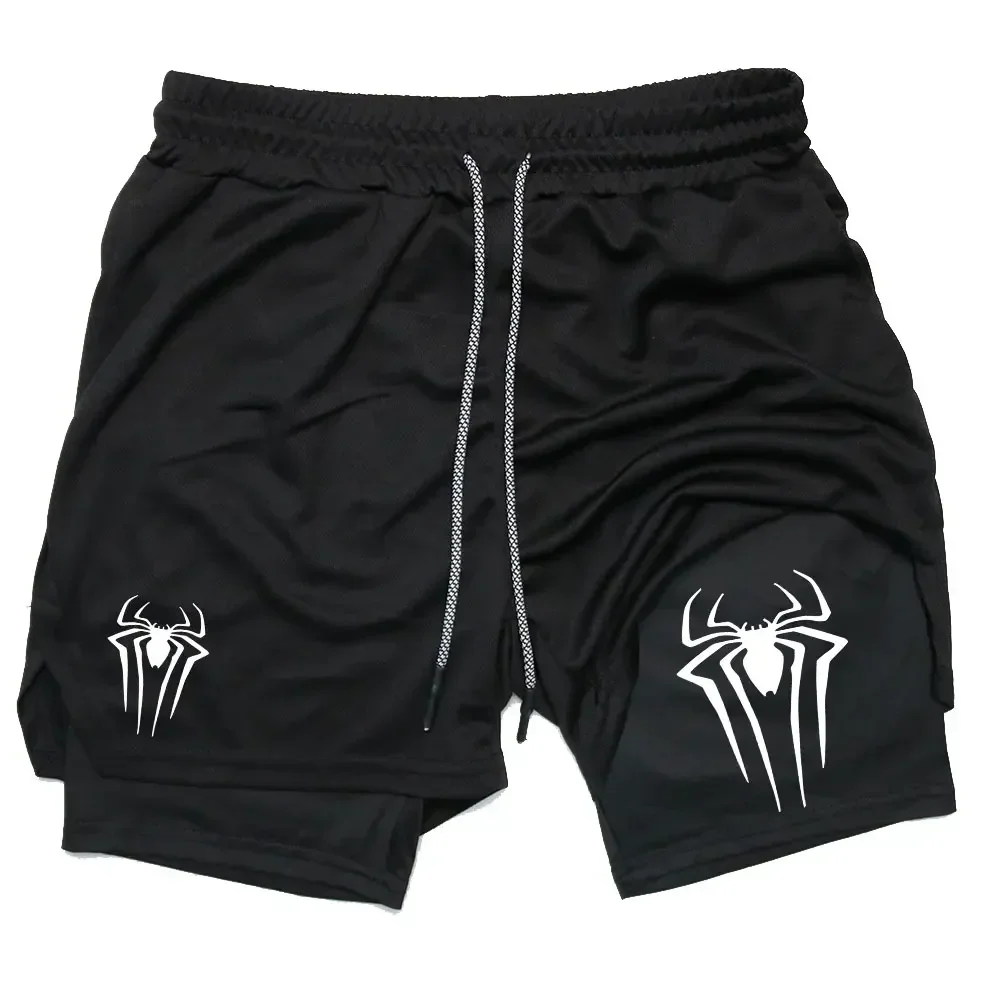 Men Spider Printed GYM Casual Sports Compression Shorts Workout Running Mesh 2 In 1 Sport Short Pants Y2K Performance Shorts