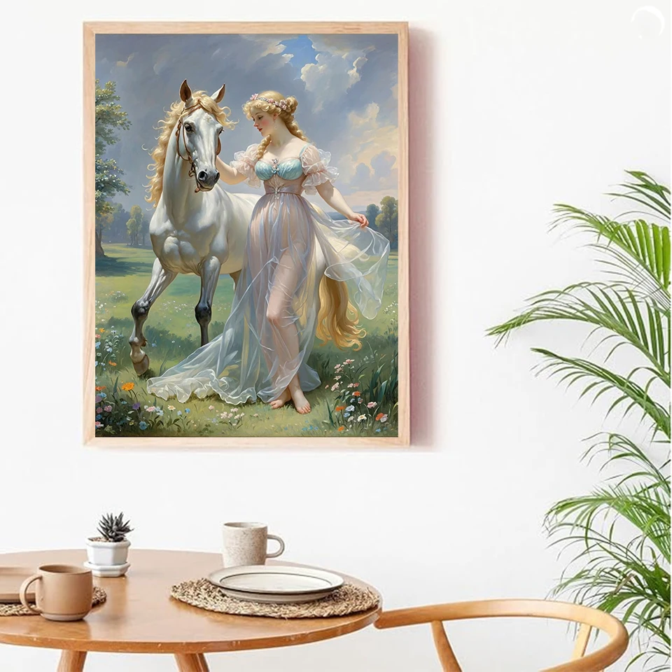 Diy 5D Mosaic Art Women and White Horse Diamond Painting Animals Full Water Diamond Embroidery Girls Painting Wall Decoration