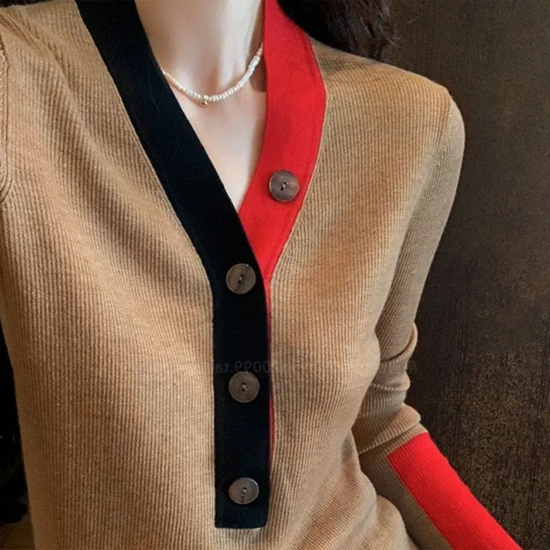 Vintage Autumn Winter V-Neck Patchwork Sweaters Women\'s Clothing Solid Color All-match Fashion Button Loose Knitted Jumpers 2024