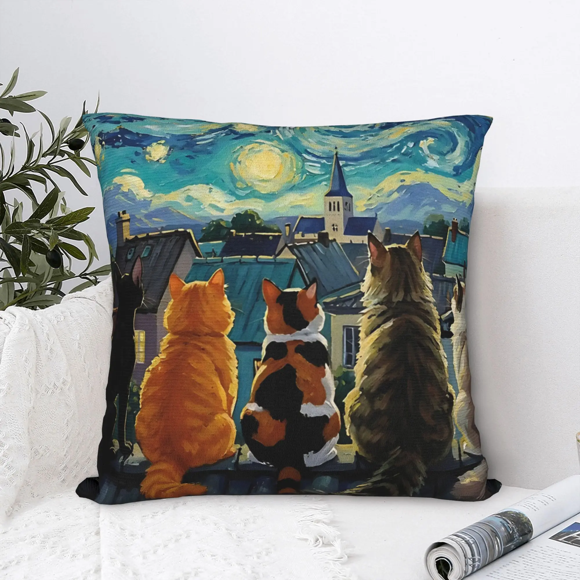 Cat Van Gogh Starry Night Cats Rooftop Scene Feline Pillowcase Cushion Cover Decor Pillow Case Cover Home Drop Shipping 45X45cm