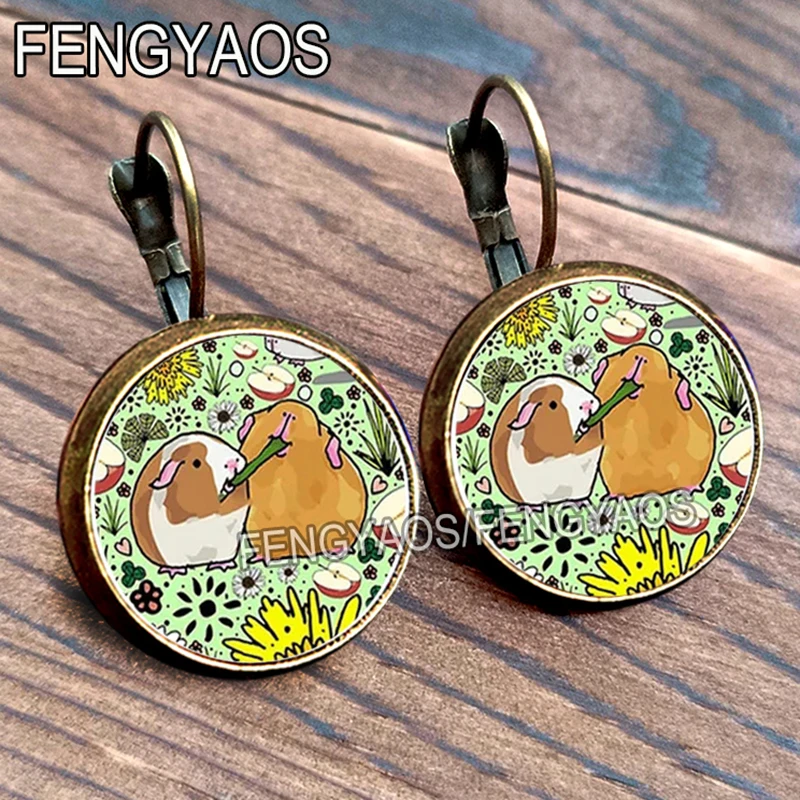 Cute Guinea Pigs in Green Earrings for Women Lovely Mouse Earring Glass Cabochon Hamster Jewelry Gift for Girls