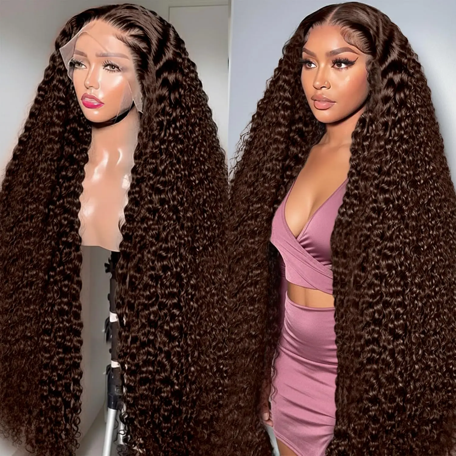 

30 Inch Chocolate Brown Deep Wave Lace Front Wigs Human Hair 210 Density 13x6 HD Lace Frontal Wigs Human Hair Pre Plucked Brown