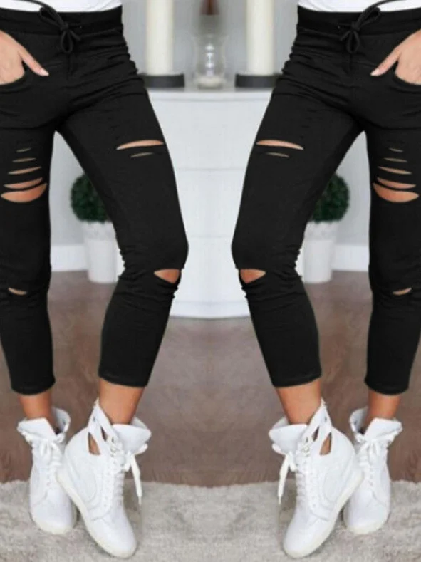 سروال رصاص عالي الخصر مع ثقوب، لون برباط، سلسلة ألوان نقية، سروال رصاص بفتحة كسر، سروال نسائي كاجوال من ألياف البوليستر #3