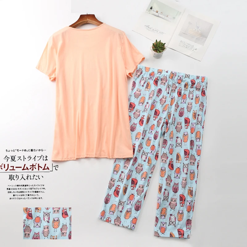 Multi Styles Summer Women\'s Pajamas Set Owl Sheep Cat Short Sleeve Tops Three Quarter Pants Capris Sleepwear Big Size 2904