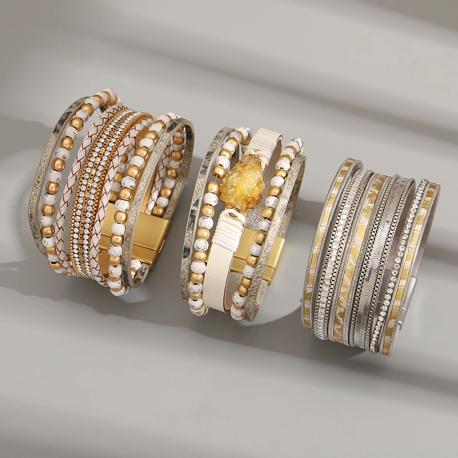 

Amorcome Luxurious Acrylic Bead Stackable Leather Bracelet for Women Gold Color Braided Magnetic Buckle Bracelet Fashion Jewelry