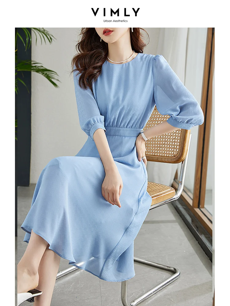 

Vimly Three Quarter Sleeve Blue Chiffon Dresses for Women 2023 Fashion Elegant Printed Waisted Office Lady Summer Midi Dress