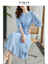 Vimly Three Quarter Sleeve Blue Chiffon Dresses for Women 2023 Fashion Elegant Printed Waisted Office Lady Summer Midi Dress