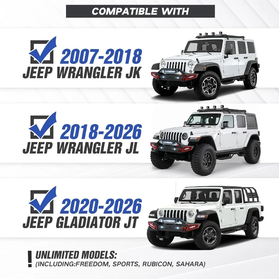 المصد الأمامي لموديلات Wrangler JK JKU JL JLU Gladiator JT 2007-2026 مع لوحة ونش LED أضواء شريط الثور وحلقات D المتوافقة #2