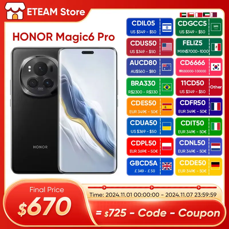 Original HONOR Magic6 Pro teléfono inteligente android versión Global Snapdragon 8 Gen 3 120HZ 6,8 