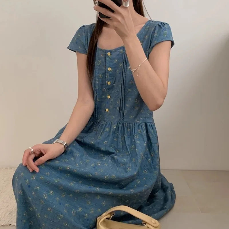 Sukienka koszulowa damska w stylu vintage z długim kwiatowym wzorem, wykonana w 100% z czystej bawełny, letnia sukienka midi z kwadratowym dekoltem i szarfą, odzież damska 2025