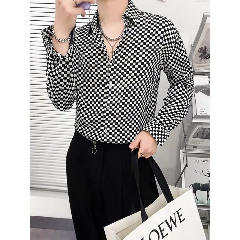 Fashion Lapel Button Korean Printed Plaid Shirts Men\'s Clothing 2024 Spring New Loose Casual Tops Long Sleeve All-matc Shirts