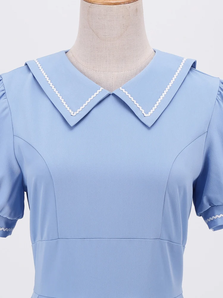 ผู้หญิง Sailor Collar แขนสั้นสไตล์วินเทจสูงเอว Swing ชุดเดรสสำหรับสตรีสีฟ้าชุดออกงานกลางคืนจีบชุด