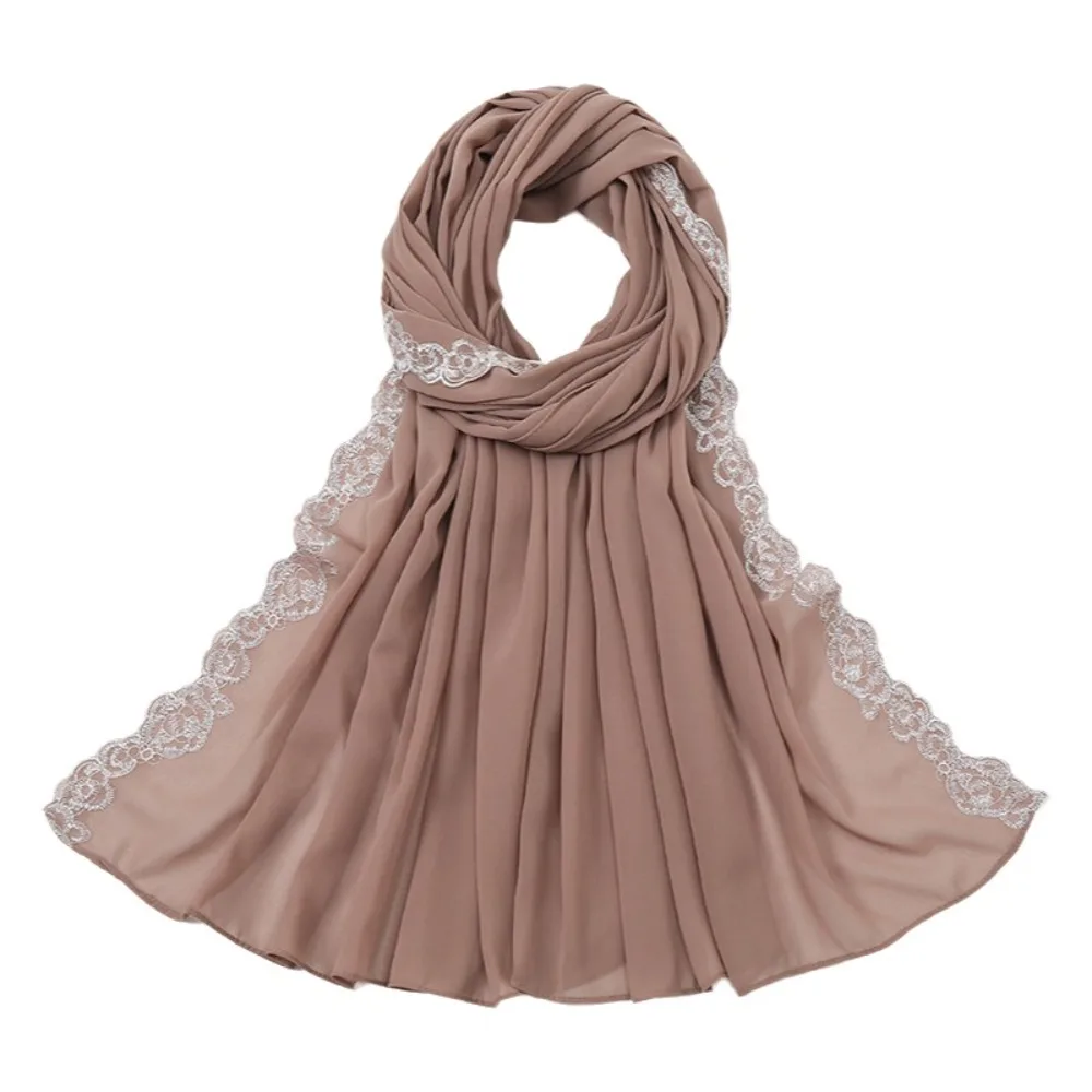 

Вышитый кружевной шифоновый хиджаб однотонных цветов, дышащий летний платок-накидка, удобный головной убор для женщин