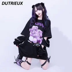 Japanese Mine Harajuku Printed Sweatshirt Long Sleeve Black Crew Neck T-shirt Off-Shoulder Zipper Loose Mid-length Top Pullover