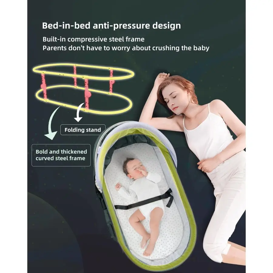 سرير سفر محمول مع مظلة 2 في 1 لحديثي الولادة باللون الأخضر