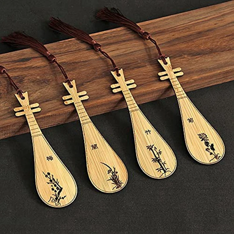 4PCS Bamboo Wooden Bookmarks With Tassels Retro Classical Musical Instrument Bookmark For Book Lovers