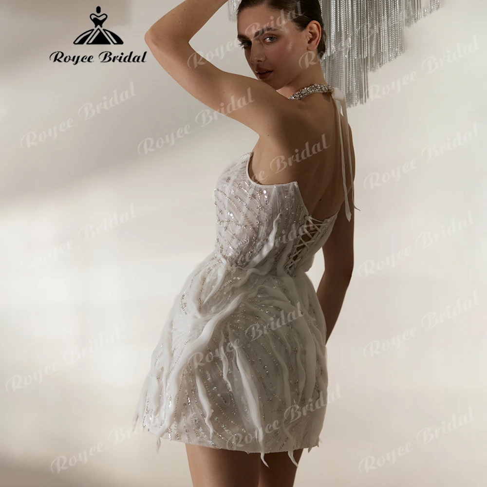 

3D Feather Tulle Appliqués Mini Wedding Dress Strapless Beaded Corset Bodice Lace-Up Back Tulle Bridal Gown Customized