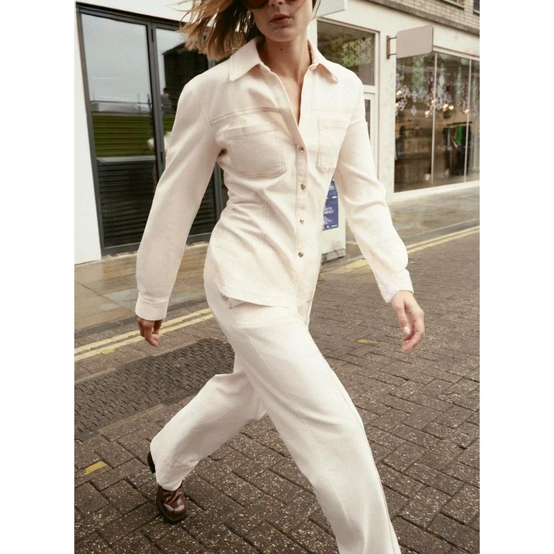 Slim Fit Longo Sve Gola Denim irt Cintura Alta Zíper Decorado Costurado Bell Bot Conjunto de Duas Peças Casual Sle Inverno...