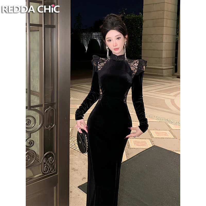 

REDDACHiC Women Stitch Lace Velvet Qipao Dress Turtleneck Hollow-out Slim Split Side Maxi Long Dress Vintage Evening Party Gown