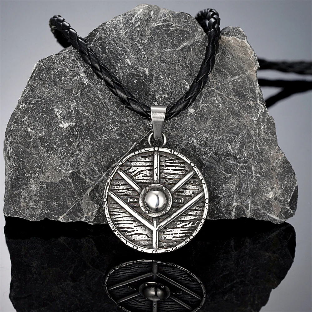 Retro Norse Runes Shield Necklaces Men Stainless Steel Vikings Futhark Compass Pendant Peace Sign Amulet Icelandic Jewelry Gifts