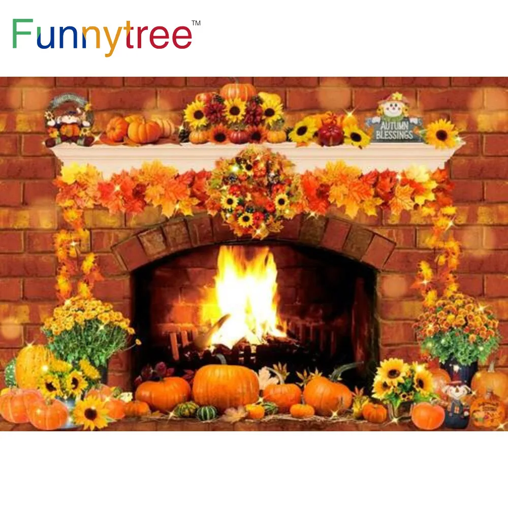 

Funnytree Autumn Thanksgiving Day Party Backdrop Fireplace Maple Leaves Brick Wall Pumpkins Harvest Family Photozone Background