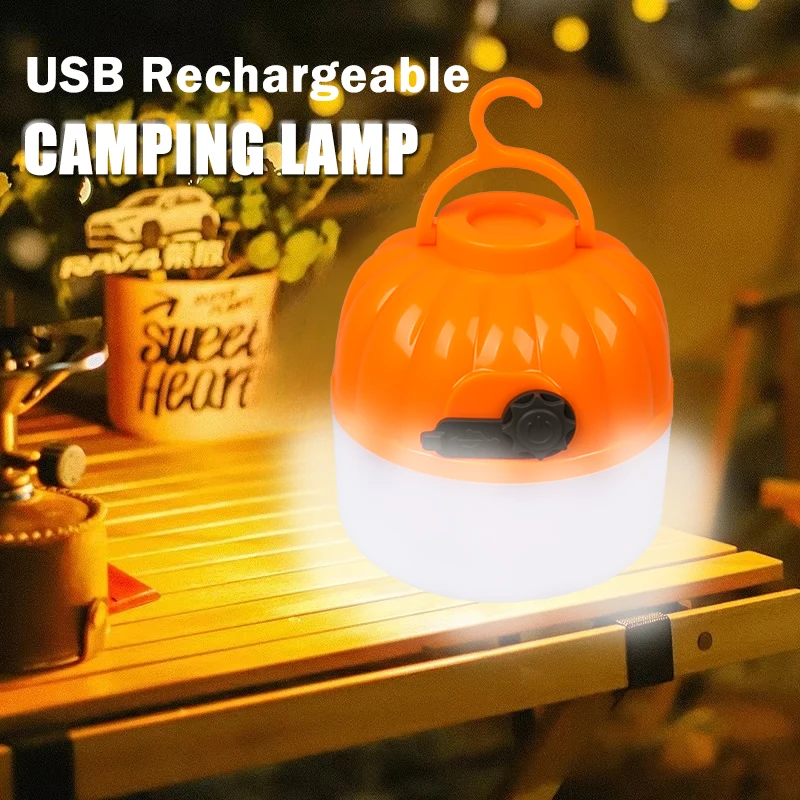 Mini LED Camping Pumpkin Light Type-C Rechargeable Lantern Protable Tent Light with Hook 4 Modes Emergency Floodlight Torch