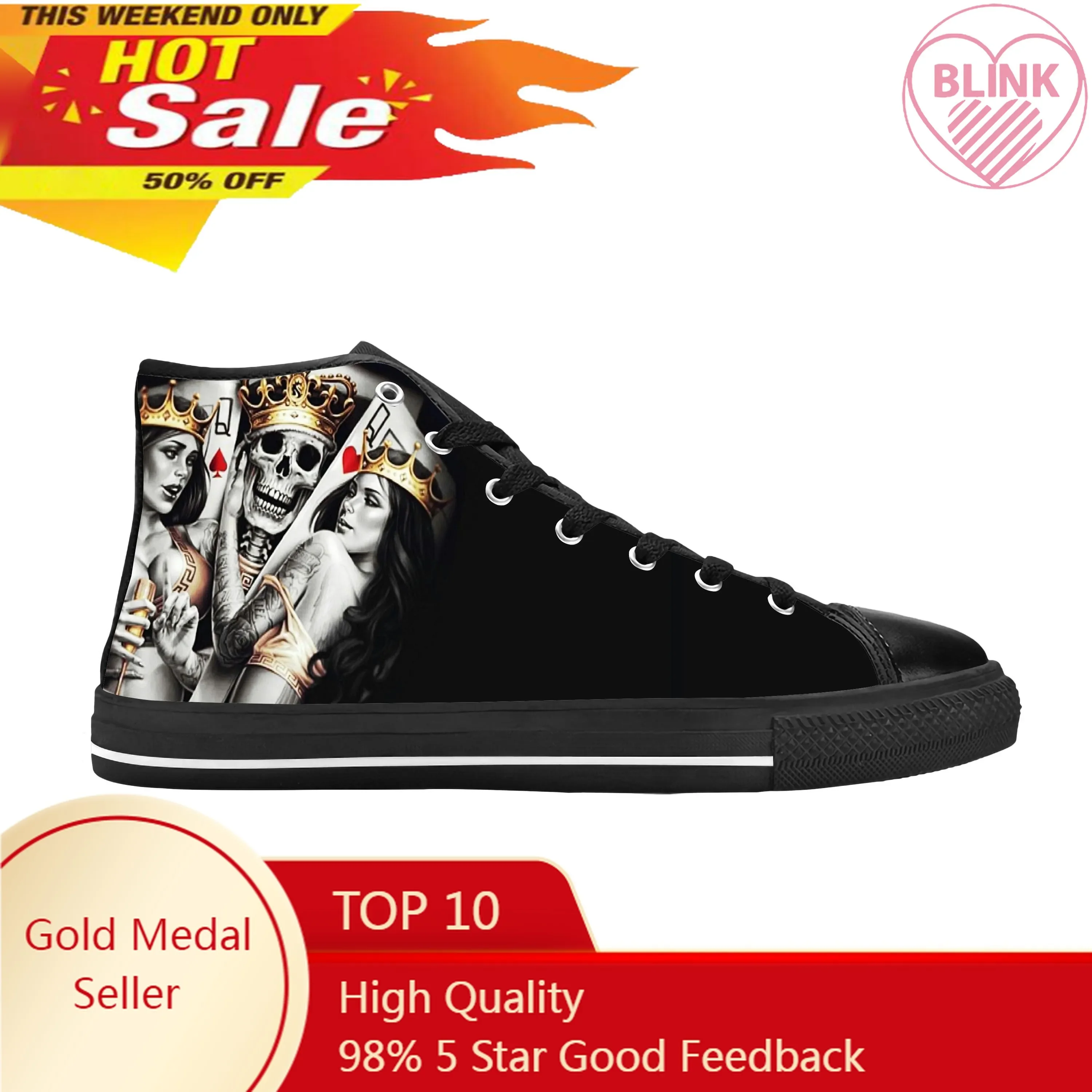 Queen King Poker Skull Sketelon Horror Rock Cool Casual Cloth Shoes High Top Comfortable Breathable 3D Print Men Women Sneakers