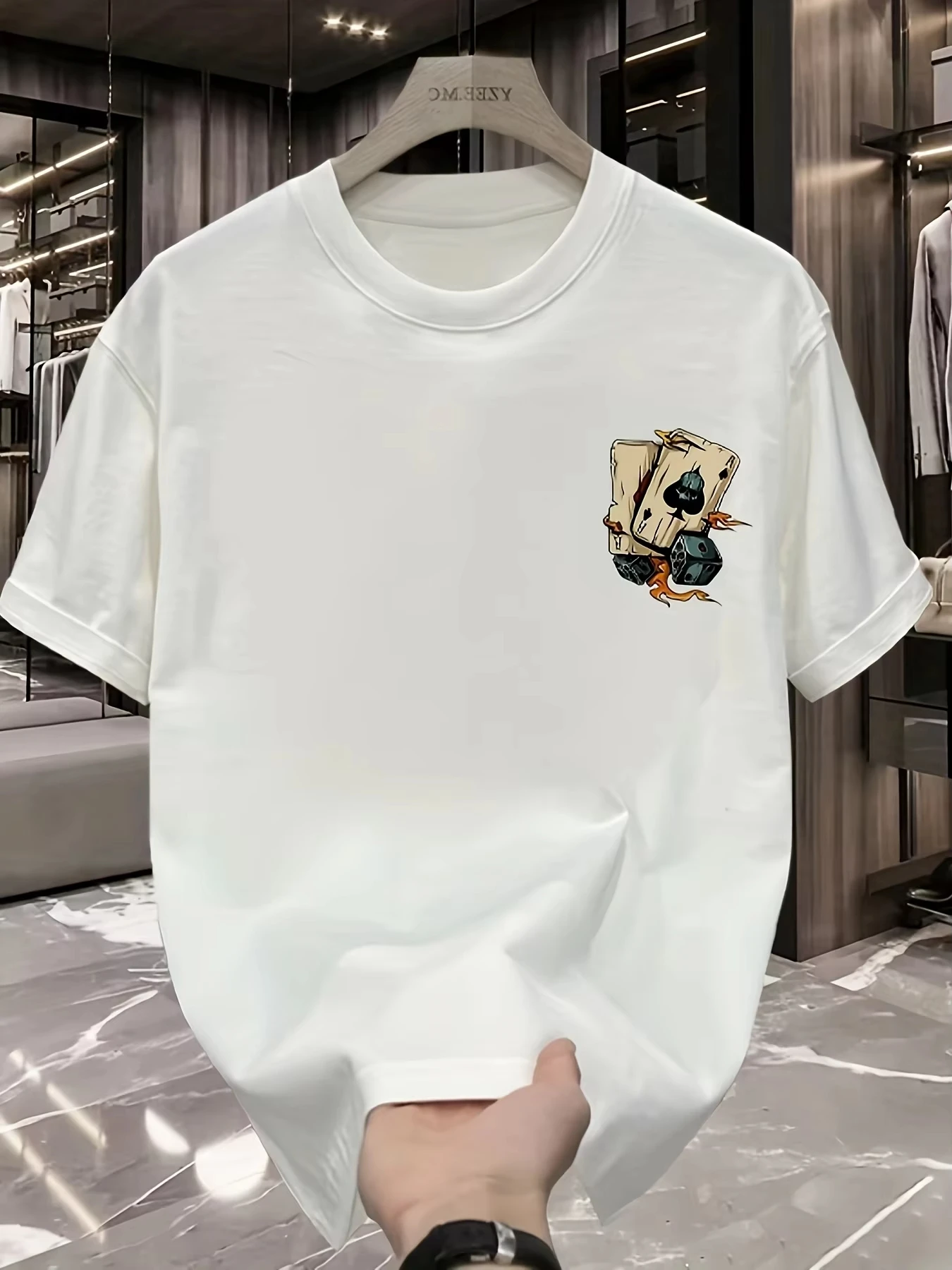 Men's Summer Fashionable Casual Loose Creative Poker and Dice Printed Sports Round Neck Short Sleeved T-shirt