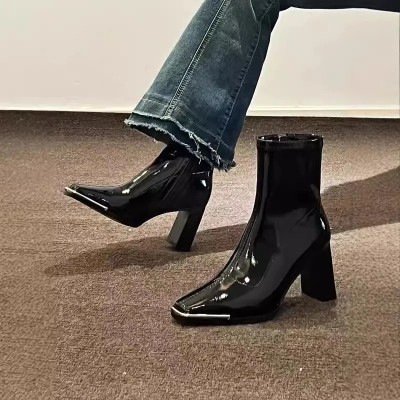 Botas Cortas Kendall Jenner para Mujer, Otoño Invierno 2024, Nuevas Botas Cortas de Tacón Alto y Grueso con Punta Cuadrada de...