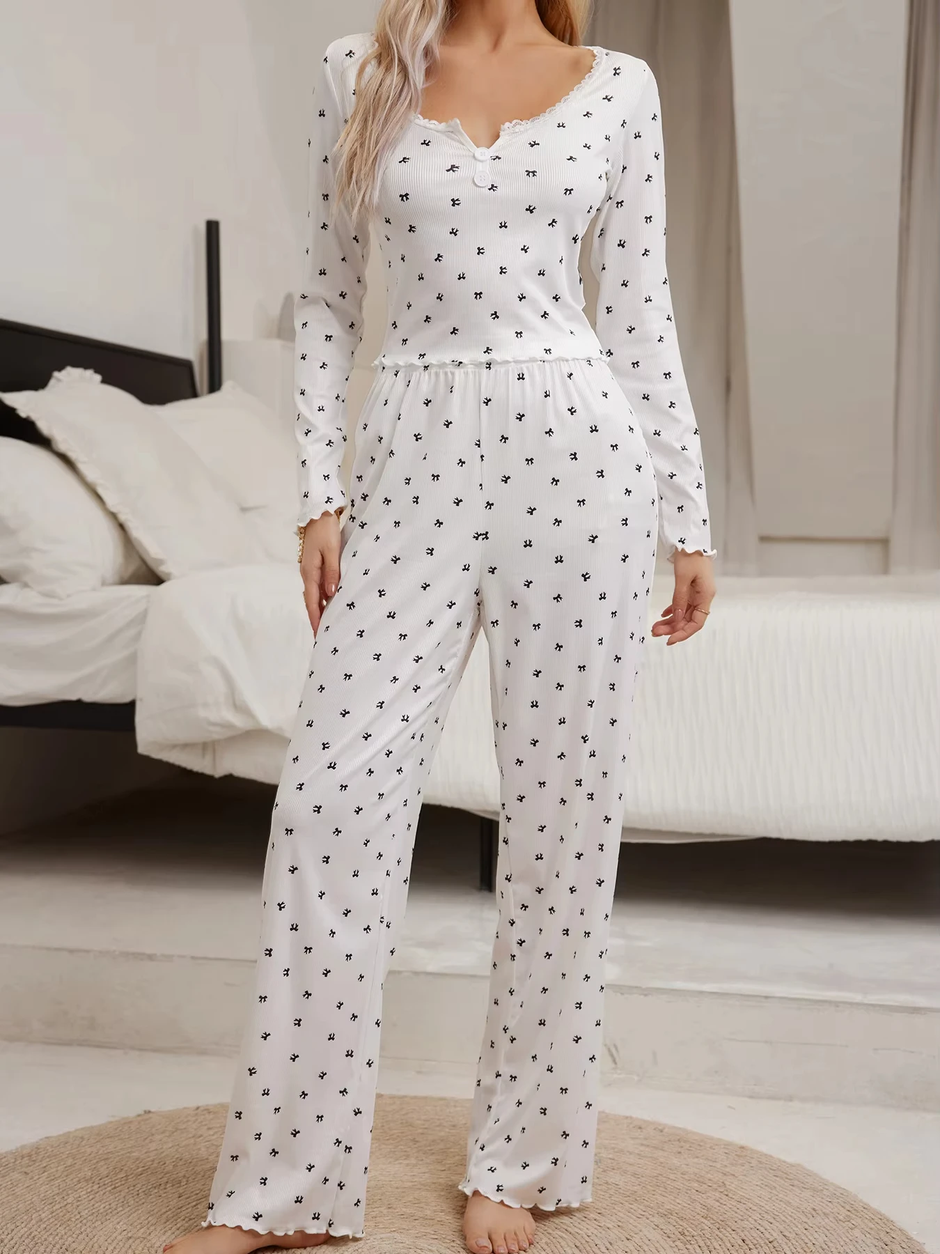 

Sleepwear Suit Cute Bowknot Print Lettuce Trim Top with Long Pant Lovely Loungewear Full Sleeve Nightwear Autumn Pajamas Set