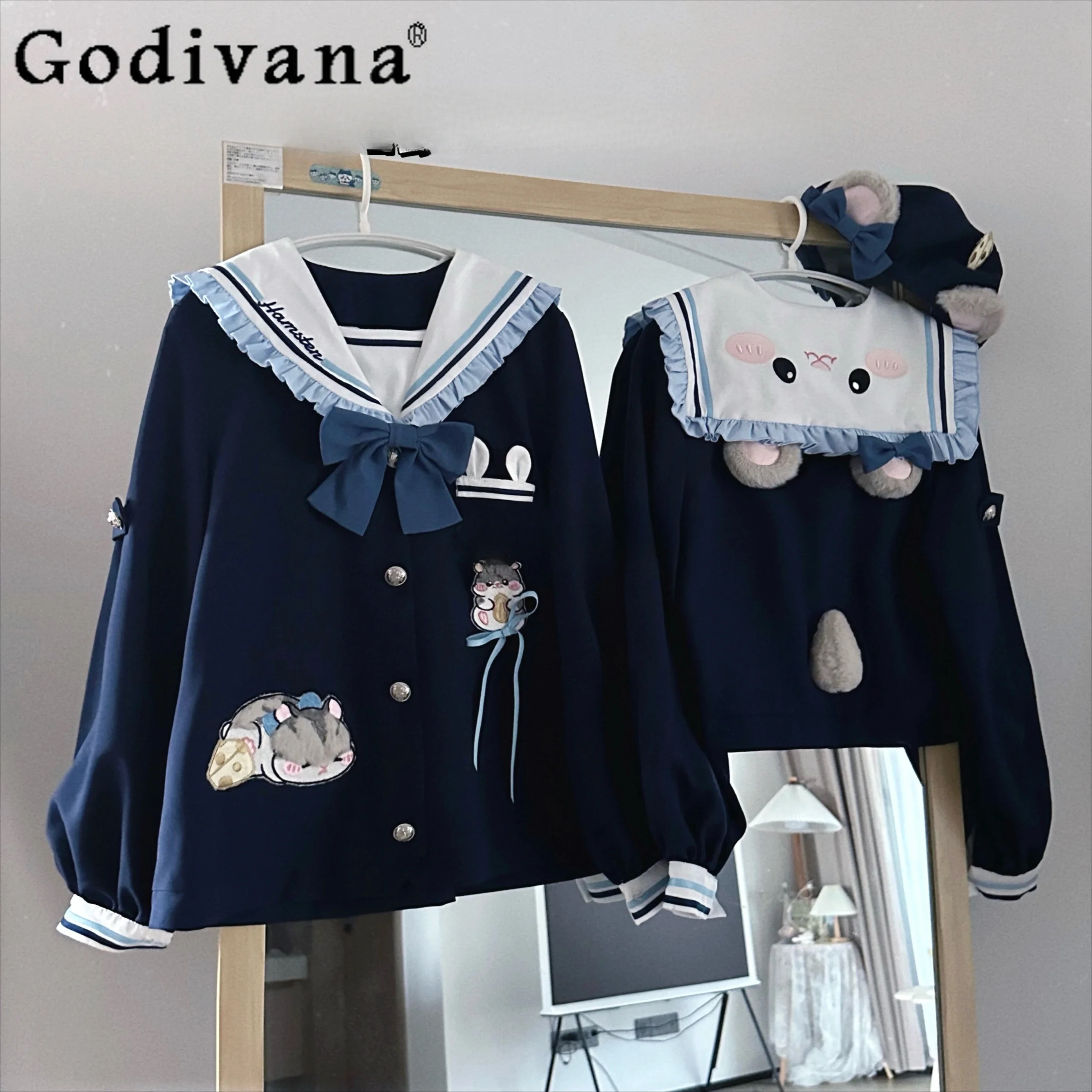 

Original Jk Uniform College Style Cute Soft Girl Sailor Suit Student Bow Embroidered Navy Collar Long-sleeved Top and Skirt Set