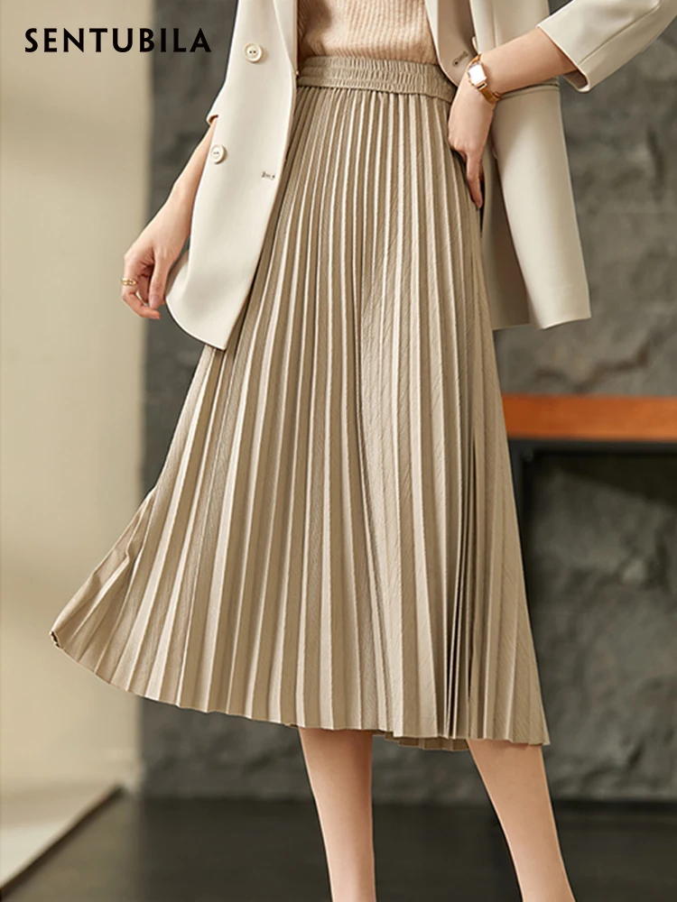 SENTUBILA Midi Pleated Skirt for Women Elegant Fashion Elastc High Waist Spring Autumn A Line Skirt Harajuku Clothes 123Q44364