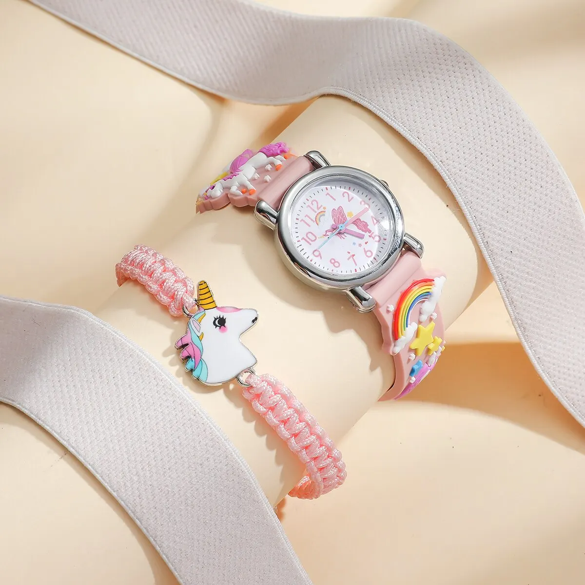 Kids Pink Cute Childrens Wristwatch Cartoon Pattern Quartz Watch Set For Girls Fashion Students Clock Relogio