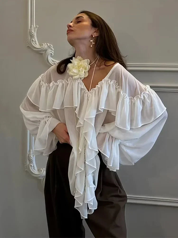 

Elegant Ruffle Solid Women Shirts See Through V-neck Long Lantern Sleeve Lady Top 2025 Spring Office Oversize Female Blouses