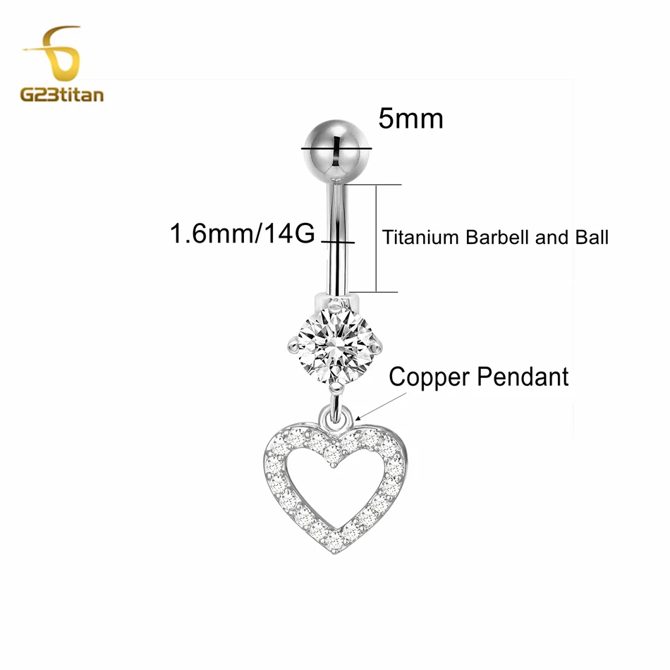 G23titan Crystal Heart Dangle Belly Ring 14G Surgical Titanium Nombril Ombligo Navel Piercing Bar Sexy Women Body Accessories