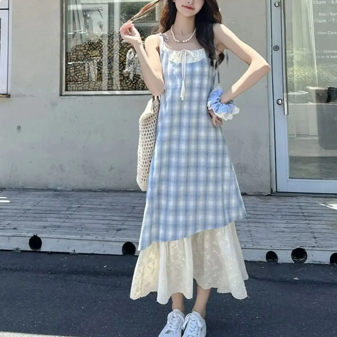 

Suspender Dress Fake Two-Piece Stitching Lace Plaid Blue Summer New Niche Design Long Skirt Mori Girl Dress Women