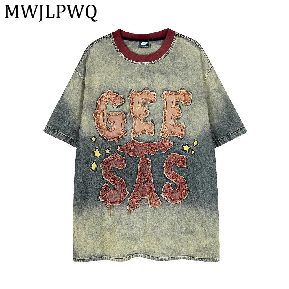 

Мужская джинсовая футболка MWJLPWQ Heavy Industry в винтажном стиле с градиентным эффектом тай-дай, с коротким рукавом, летняя, с вышитыми буквами и нашивками, свободного кроя, 14503