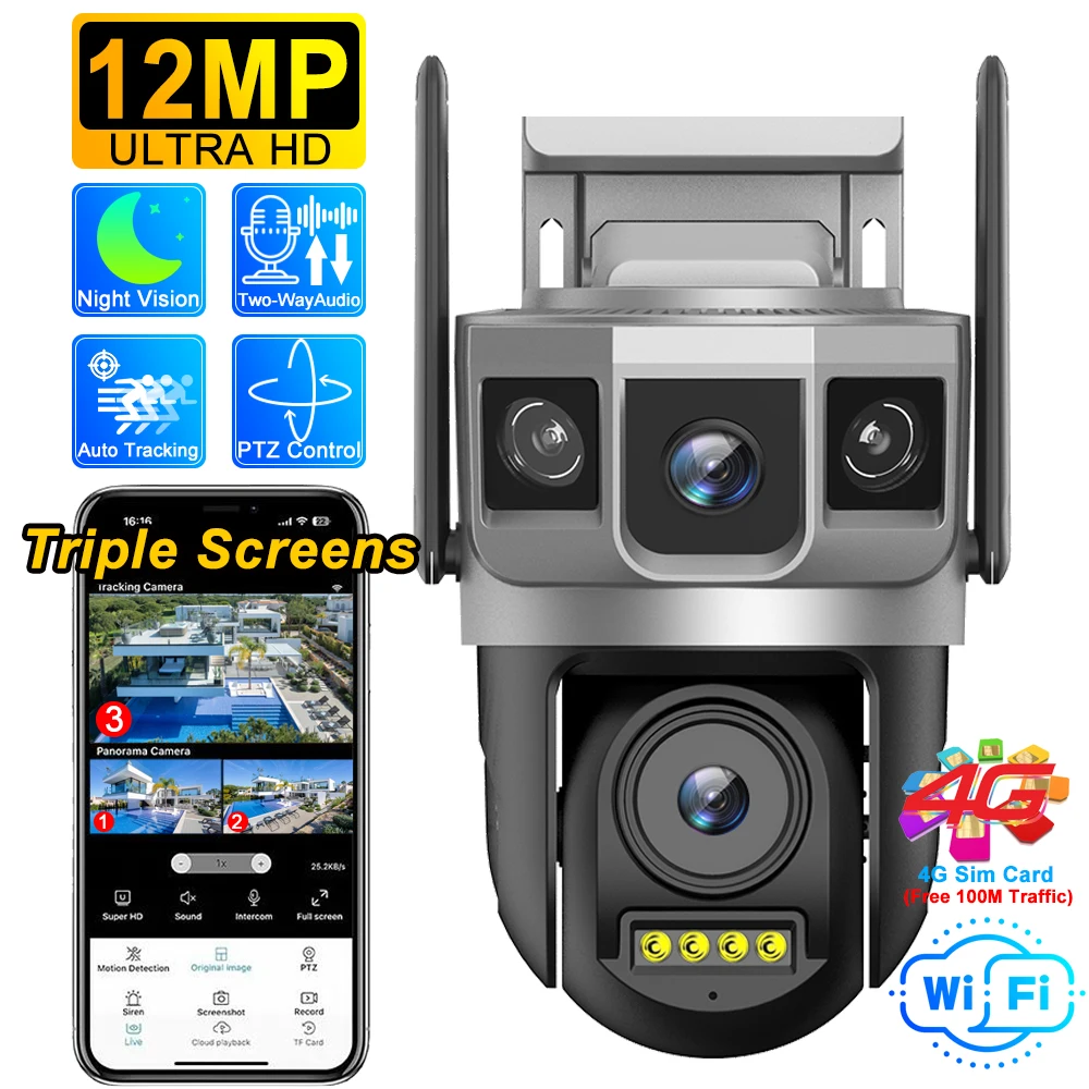 

12MP 6K Three Screens 4G IP Camera Wireless Outdoor WiFi Dual Lens HD PTZ Control PIR Human Detection Night Vision Security CCTV