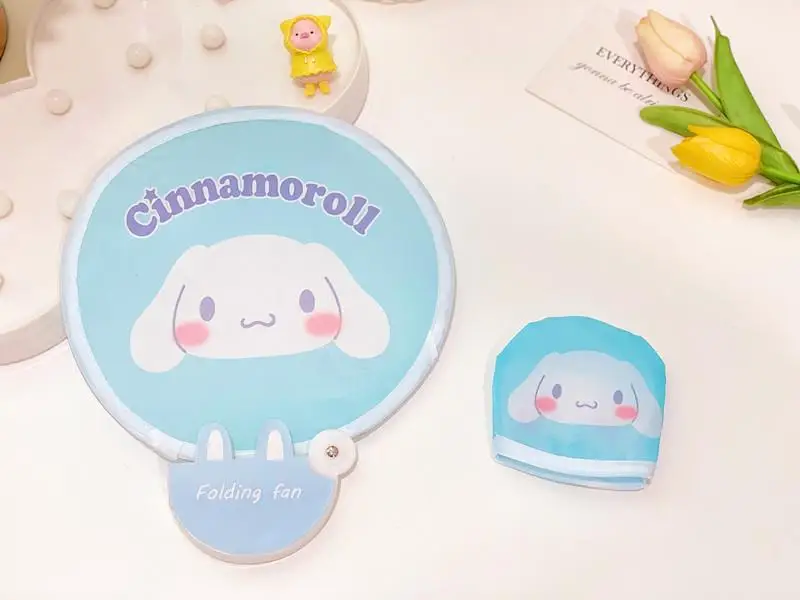 Sanrios kawaii desenhos animados olá kittys kuromi cinnamoroll minha melodia bonito pequeno ventilador dobrável ventilador redondo psiquiatra enviar saco de armazenamento