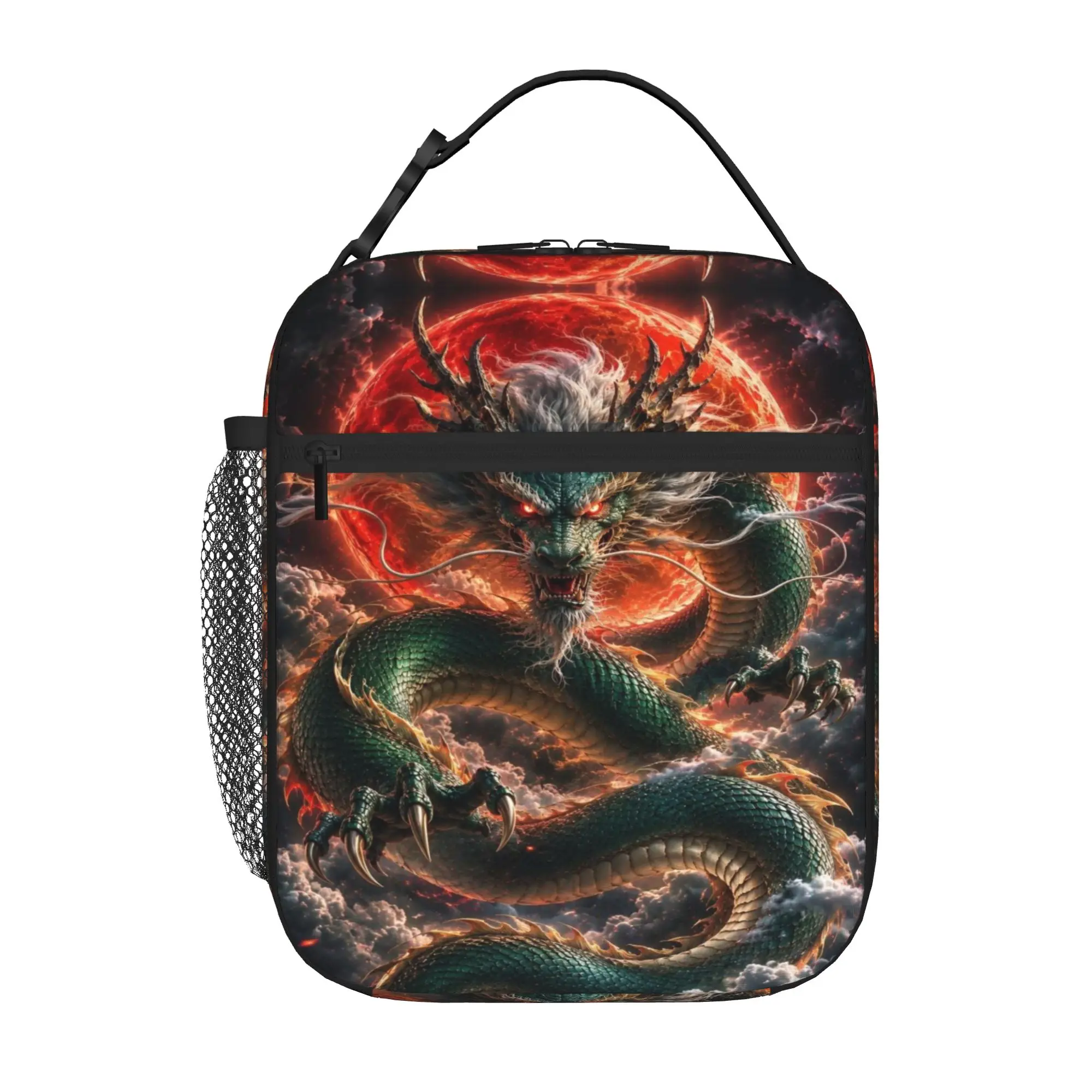 Back to school season  Meal Bag Green Dragon Red Moon Oriental Art Zipper Closure High Street Daily Lightweight Lunch Bag