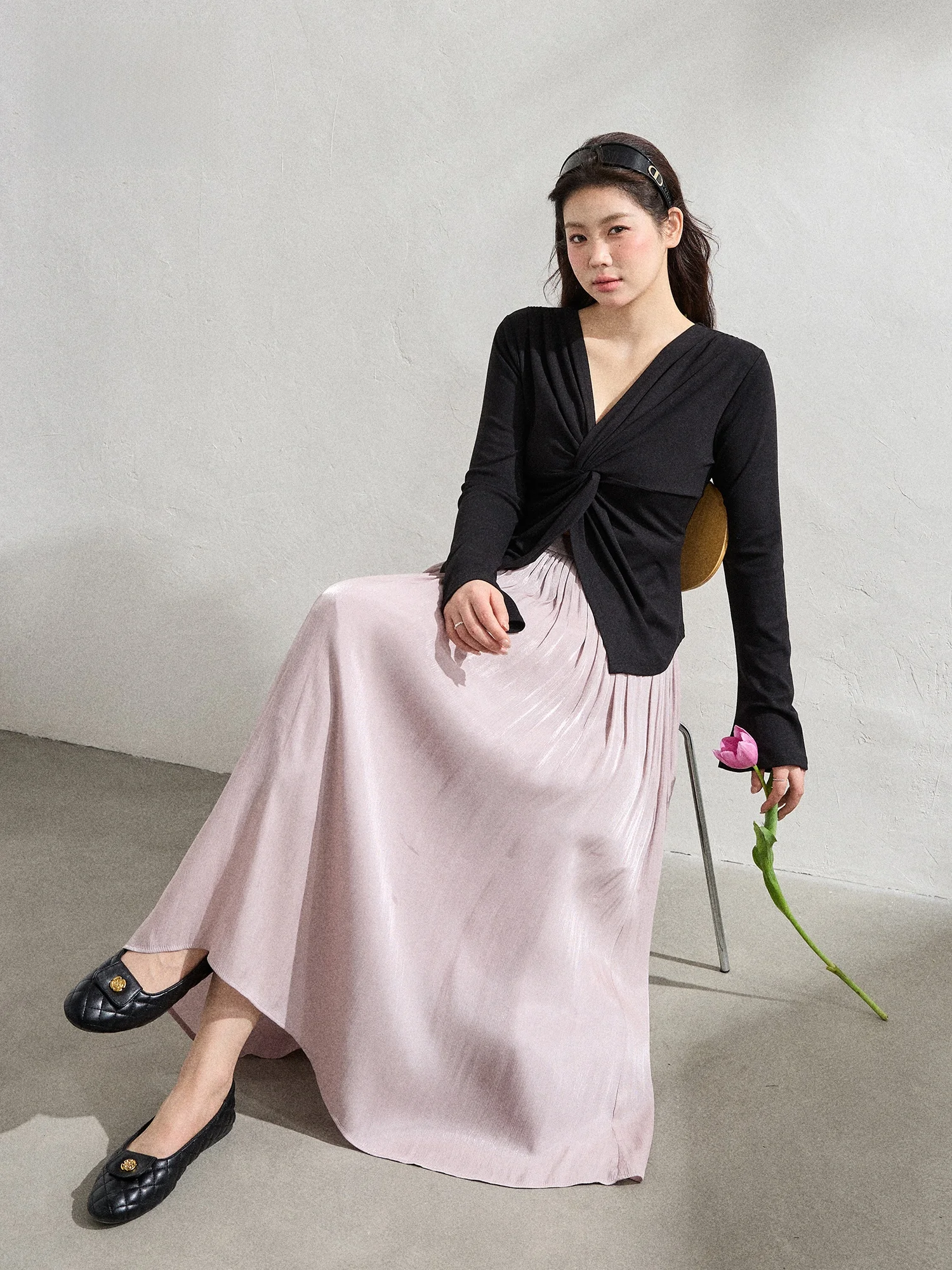 

plus Size Women's Faion Set Bla Slimming Long Sve Top And Purple Silk f Skirt Unique Design Commute Sle High Wais...