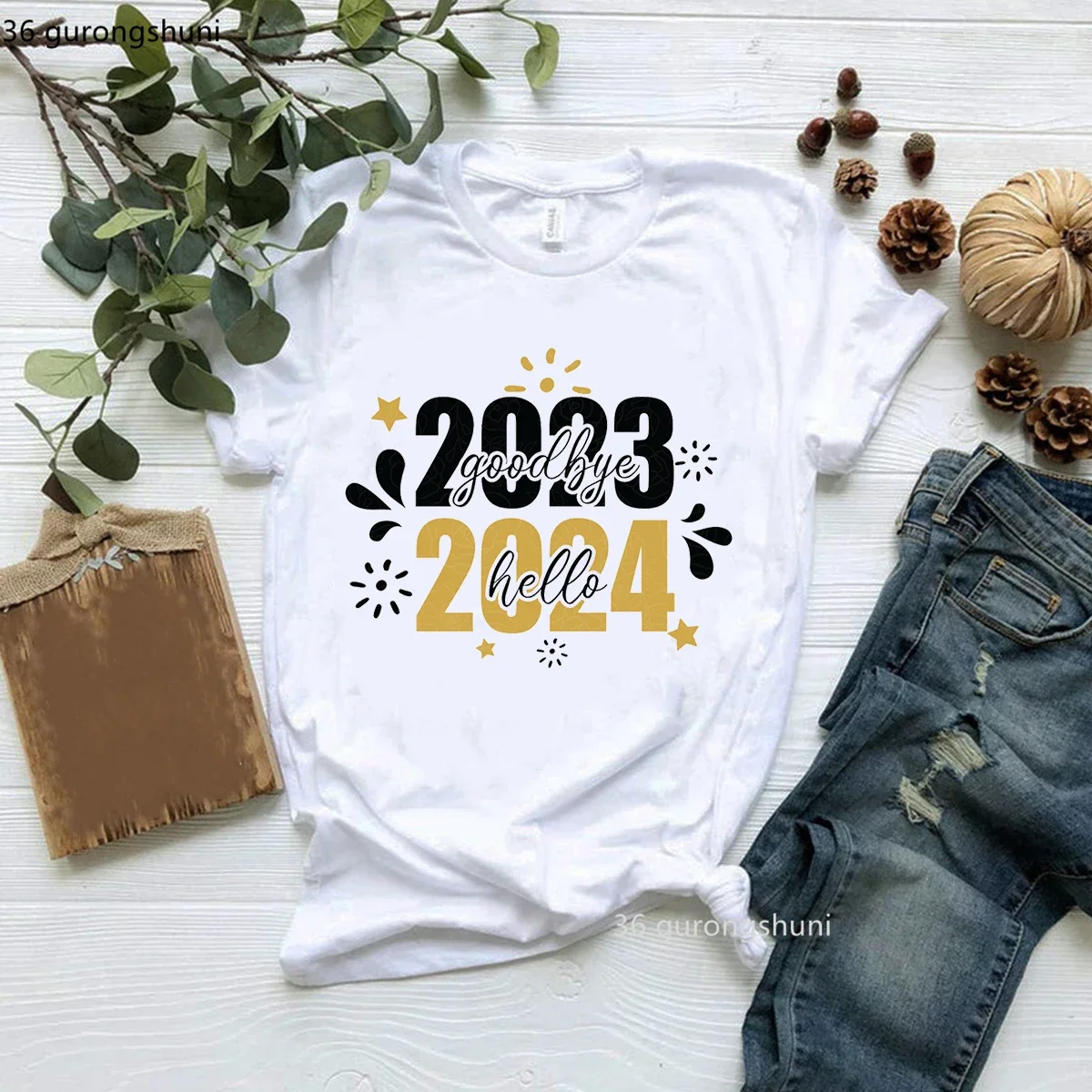 

New Hot Sale Good Bye 2023 Hello 2024 T Shirt Happy New Year T-Shirt Women Female Clothes Gift Short Sleeve T-Shirts Tee Top