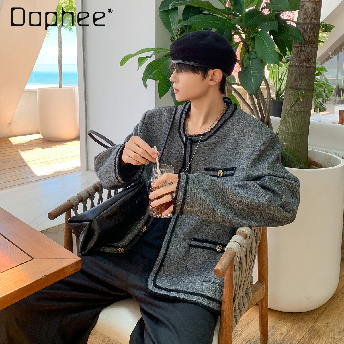 

2025 Spring and Autumn New Men's Gray Metal Buckle Wool Cardigan Jacket Casual Loose Daily High-end Design Jacket